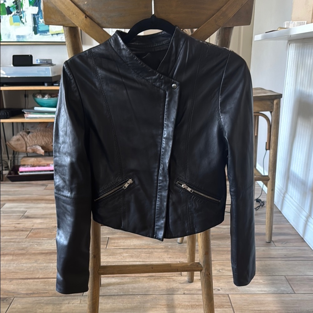 Veda Black Leather Moto Jacket Cropped
